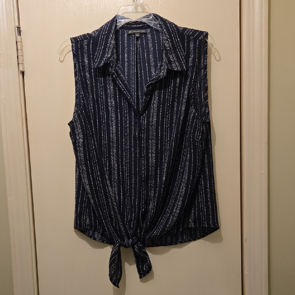 Adrianna Papell Blue and White Sleeveless Blouse with Tie Front